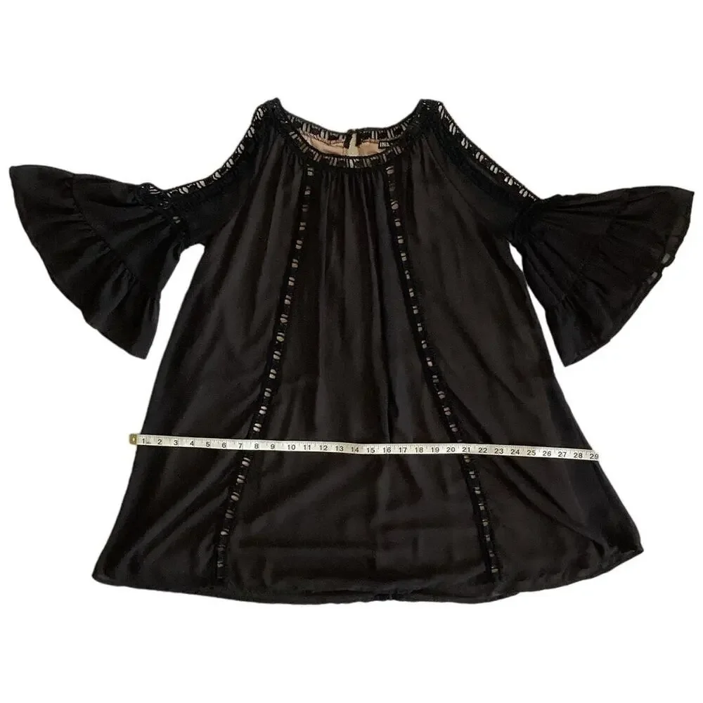 INA Cold Shoulder Bell‎ Sleeve Crochet Mini Shift Dress Black S